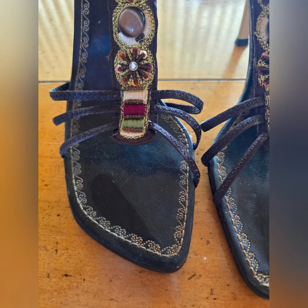 Vintage Brown Strappy High-heeled Bohemian Sandles By Rebels - Picture 3 of 11
